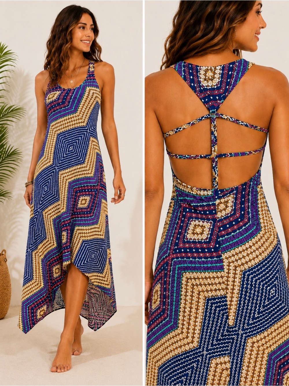 American Rag Geometric High Low Maxi Dress M Racerback Boho Resort